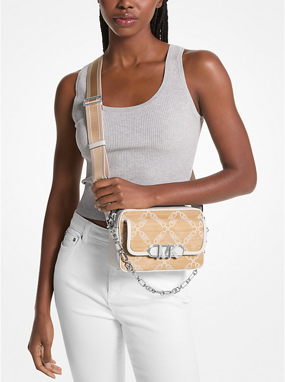 Michael Kors Parker Medium Empire Logo Jacquard Straw Ženske Crossbody Torba NAT/OPTICWHT | HR1128SGD