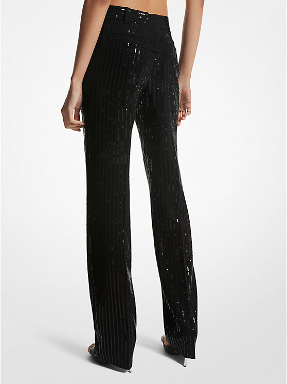 Michael Kors Pinstripe Sequined Crepe Straight-Leg Ženske Hlače Crne | HR1438FDM