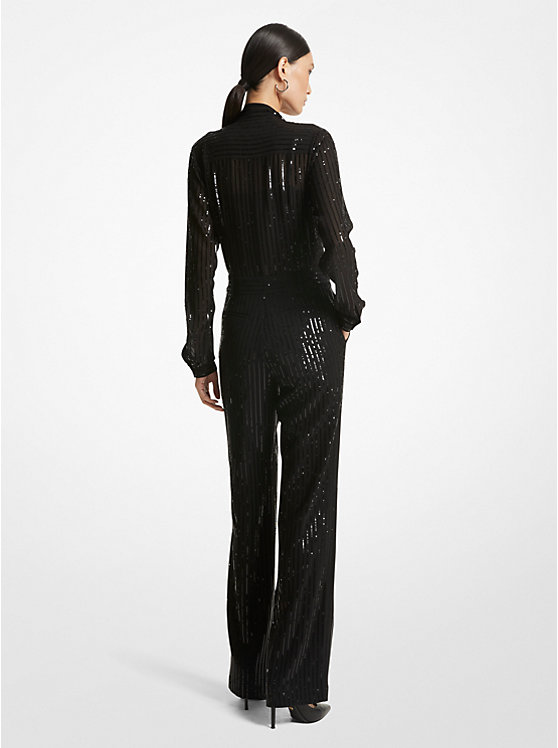 Michael Kors Pinstripe Sequined Georgette Jumpsuit Ženske Haljina Crne | HR1314LIP