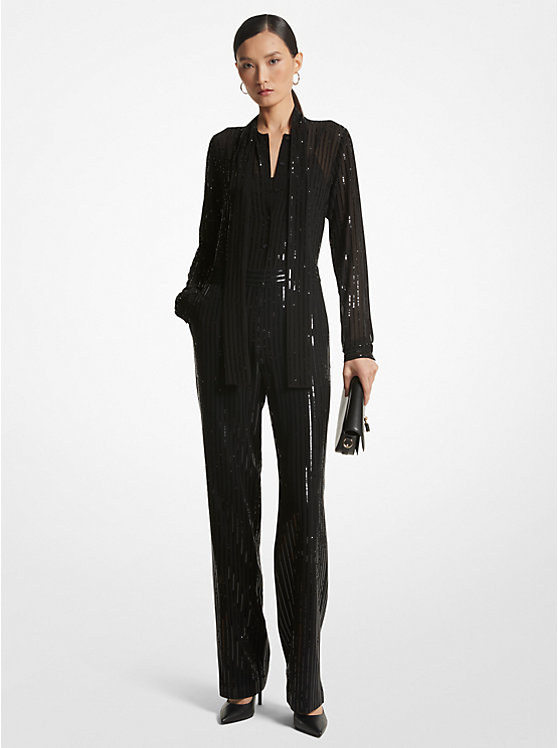 Michael Kors Pinstripe Sequined Georgette Jumpsuit Ženske Haljina Crne | HR1314LIP