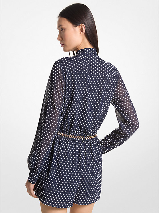 Michael Kors Polka Dot Georgette Belted Tie-Neck Romper Ženske Haljina MIDNIGHTBLUE | HR1318VRF