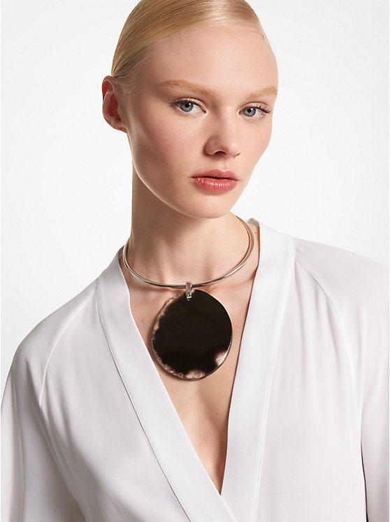 Michael Kors Precious Metal-Plated Brass and Agate Collar Ženske Ogrlica BLACK/SILVER | HR1557WNP