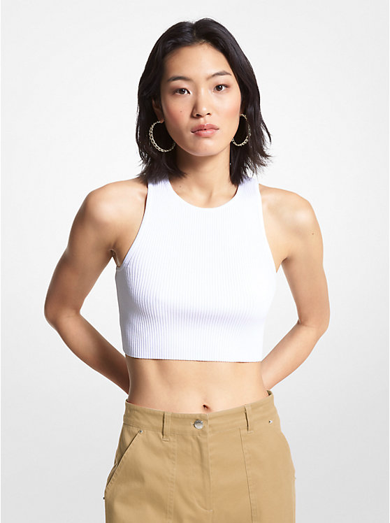 Michael Kors Ribbed Recycled Viscose Blend Cropped Ženske Majica bez Rukava Bijele | HR1481VRG