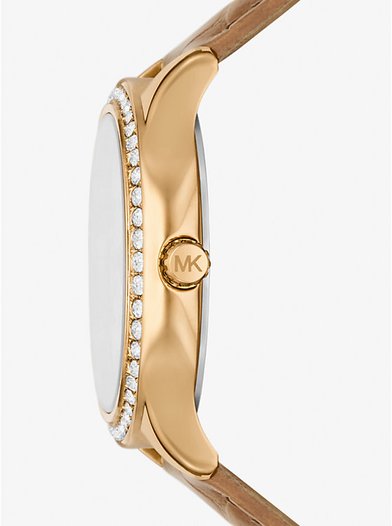 Michael Kors Sage Pavé Gold-Tone and Crocodile Embossed Leather Ženske Sat PEANUT | HR1670AHG