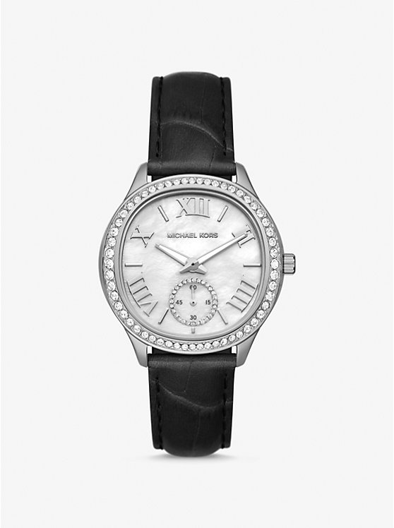 Michael Kors Sage Pavé Silver-Tone and Crocodile Embossed Leather Ženske Sat Crne | HR1672DFJ