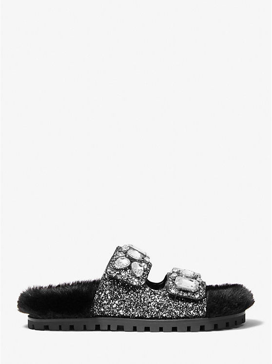 Michael Kors Stark Embellished Glitter and Faux Fur Slide Ženske Sandale BLACK/SILVER | HR1965UZD