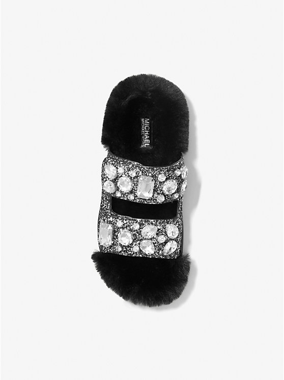 Michael Kors Stark Embellished Glitter and Faux Fur Slide Ženske Sandale BLACK/SILVER | HR1965UZD