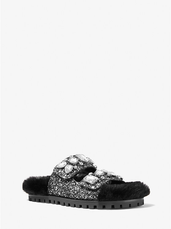 Michael Kors Stark Embellished Glitter and Faux Fur Slide Ženske Sandale BLACK/SILVER | HR1965UZD