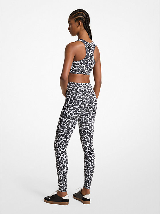 Michael Kors Stretch Recycled Nylon Leopard Logo Ženske Tajice ALUMINUM | HR1427NWG