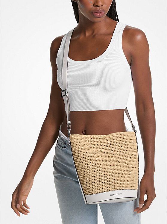 Michael Kors Townsend Medium Straw Bucket Messenger Ženske Tote NAT/OPTICWHT | HR1273VRV