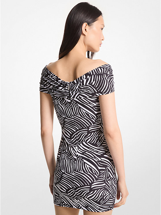 Michael Kors Zebra Print Stretch Matte Jersey Off-The-Shoulder Ženske Haljina BLACK/WHITE | HR1350EBL